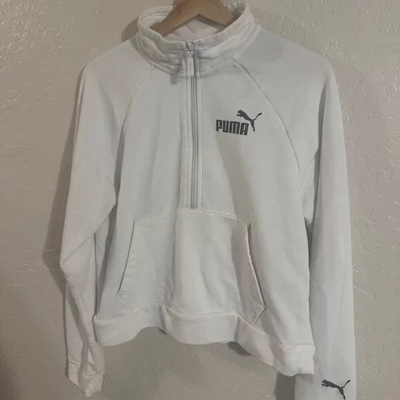 Puma White Long Sleeved Half Zip Pocketed Cropped Athletic Jacket - Picture 3 of 10
